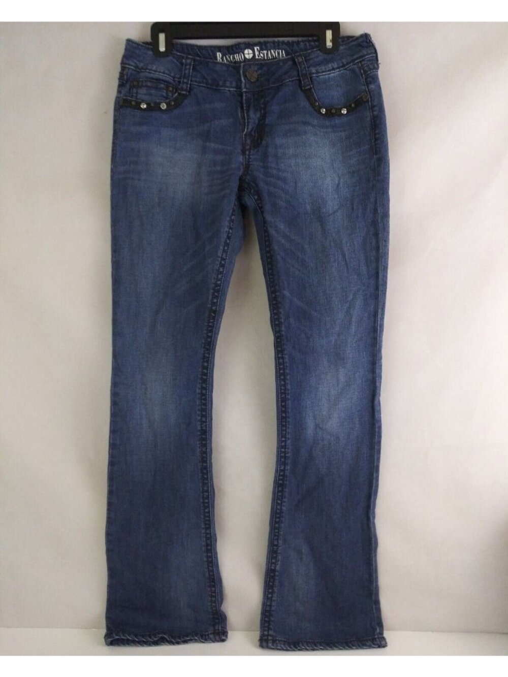 Rancho Estancia Distressed Whiskered Jeweled Studded Bootcut Jeans Size 30